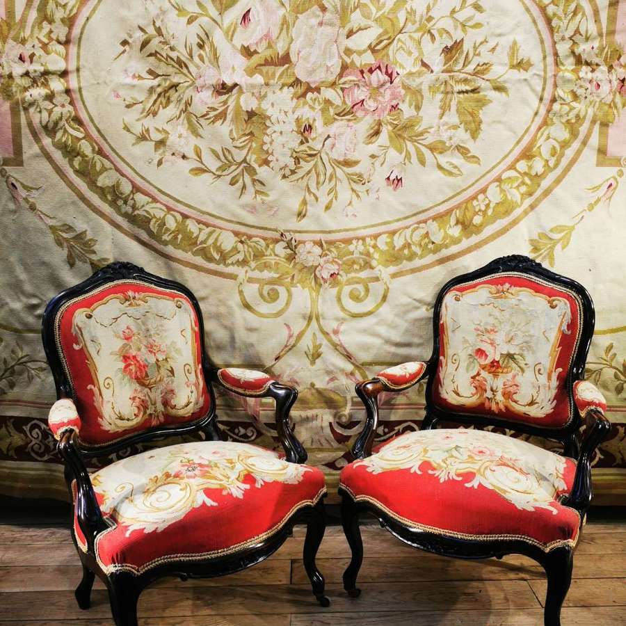 Pr of Antique rosewood arm chairs with tapestry covers